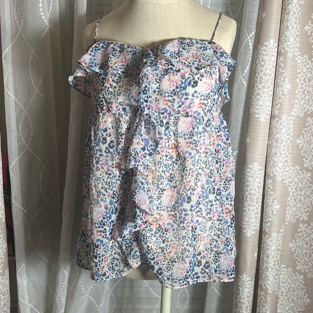 Candie's Blue Pink Thin Strap Ruffled Animal Print Top - Size Large